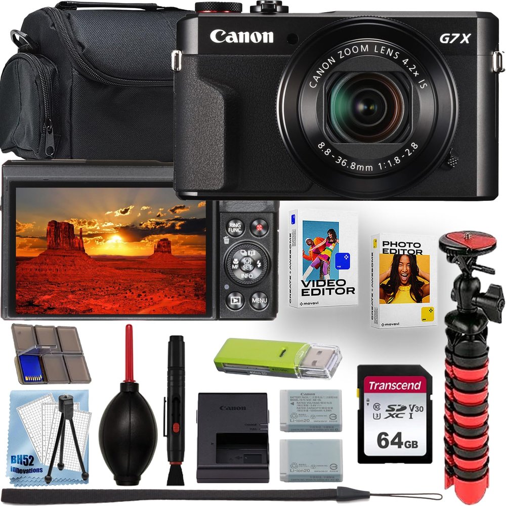 Canon PowerShot G7 X Mark II FHD Video Recording Digital Camera + 64GB Memory Card + Shoulder Bag + Flex Tripod + Software Kit + Deluxe Cleaning Kit, Black (Renewed)