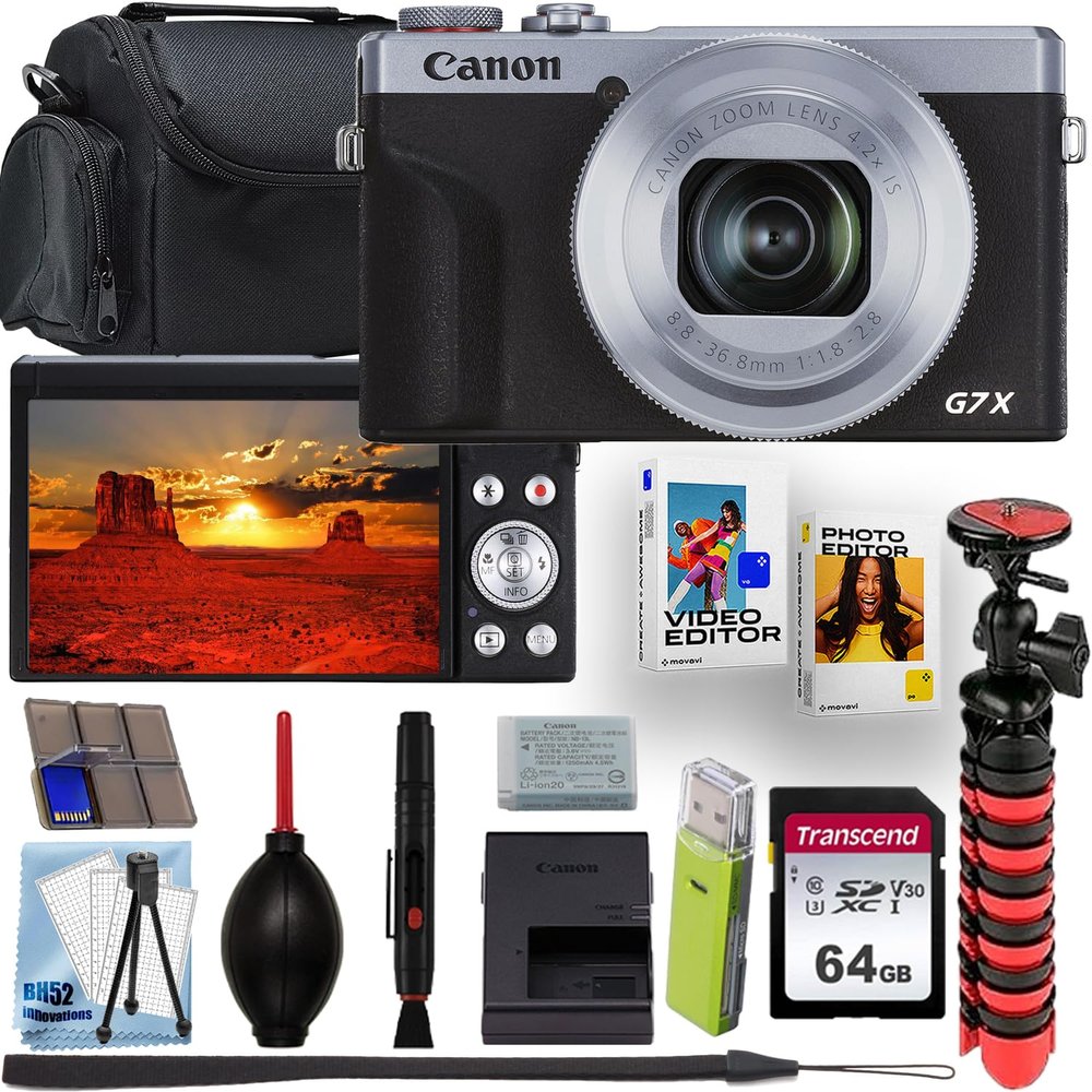 Canon PowerShot G7 X Mark III 4K Video Recording Digital Camera (Silver) + 64GB Memory Card + Shoulder Bag + Flex Tripod + Software Kit + Deluxe Cleaning Kit (Renewed)