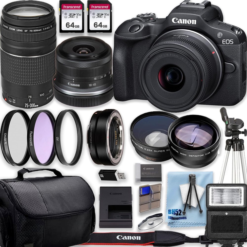 Canon EOS R100 4K Video Recording Mirrorless Camera with 18-45mm and Canon EF 75-300mm f/4-5.6 III Lenses+2 X 64GB Fast Transcend Memory+Deluxe Accessory Bundle (Renewed)