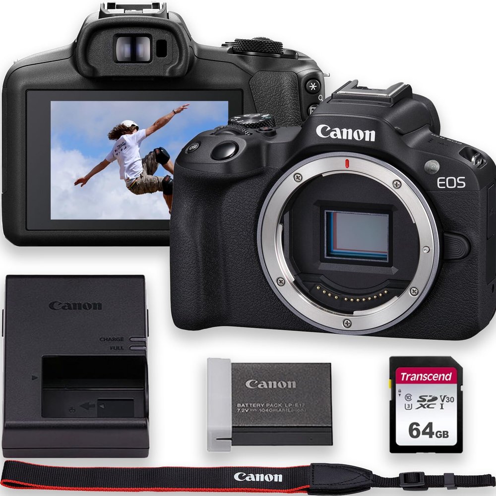 Canon EOS R50 4K Video Recording Mirrorless Camera (Body) with 64GB Fast Transcend Memory Card, Black (Renewed)