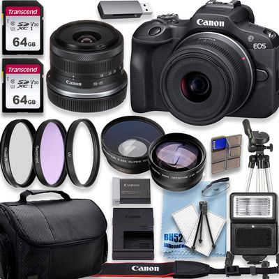 Canon EOS R100 4K Video Recording Mirrorless Camera with 18-45mm Lens, 2 X 64GB Fast Transcend Memory + Deluxe Accessory Bundle, Black (Renewed)