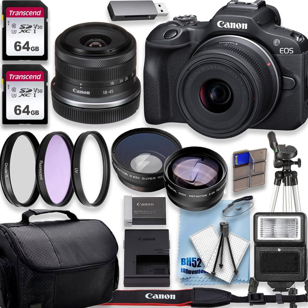 Canon EOS R100 4K Video Recording Mirrorless Camera with 18-45mm Lens, 2 X 64GB Fast Transcend Memory + Deluxe Accessory Bundle, Black (Renewed)