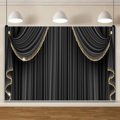 12x8ft Black Gold Curtain Backdrop Stage Curtain Photography Background Theater Stage Show Magic Show Decorations Adults Wedding Hall Birthday Music Party Event Stage Show Photo Booth Props