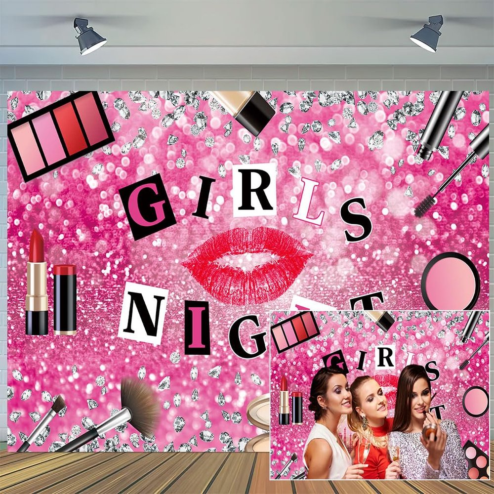 10 x 6.5 ft Girls Night Backdrop Photography Diamond Red Lipstick Cheek Color Perfume Sleepover Photography Background Lady Theme Party Woman Birthday Bridal Shower for Girl Women Banner Props