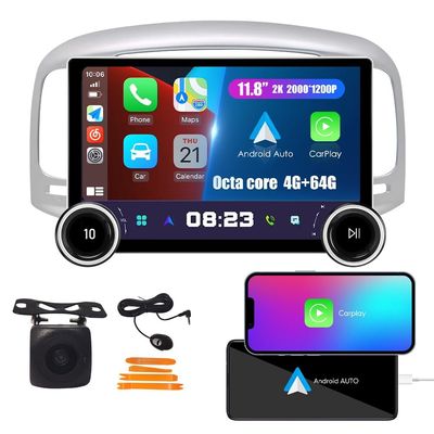 Display Knobs CarPlay/Android Auto Autoradio Android FM Radio Car Navigation Stereo Pad Player GPS 11.8" QLED Touch Screen BT WiFi 2 Din Headunit Tablet for Hyundai Accent 2006-2011 Octa Core 4G+64G
