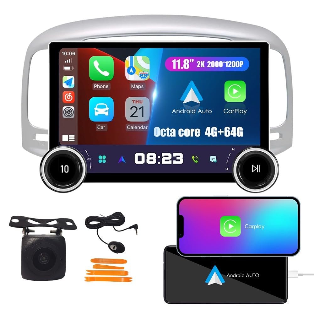 Display Knobs CarPlay/Android Auto Autoradio Android FM Radio Car Navigation Stereo Pad Player GPS 11.8" QLED Touch Screen BT WiFi 2 Din Headunit Tablet for Hyundai Accent 2006-2011 Octa Core 4G+64G