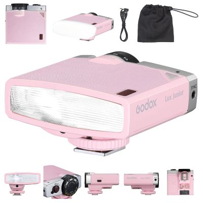 Godox Lux Junior Retro Camera Flash with Diffuser, Speedlite GN12 6000K200K CCT, Automatic and Manual Modes 1/1-1/64 Flash Power, 28mm Focal Length for Canon Nikon Sony Fuji Olympus Cameras - Pink