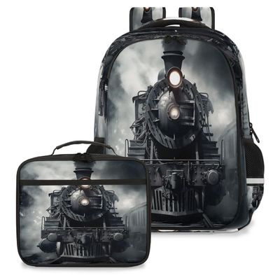 Backpack with Lunch Box Travel Backpack Lunch Bag & Laptop Backpack Vintage Train Bookbag Insulated Lunchbox Freezable Lunch Bag Waterproof Daypack