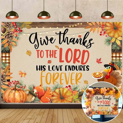 Fall Pumpkin Backdrop Give Thanks to The Lord His Love Endures Forever Banner Autumn Maple Leaf Background for Thanksgiving Harvest Party Decorations Supplies (8x6FT: 96x72 inch)