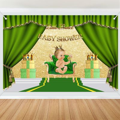 10x6ft Little Prince Baby Shower Backdrop Royal Green Curtains Boy Gold Crown Photography Background Prince Boy Baby Shower Party Decorations Fabric Banner Photo Booth Props