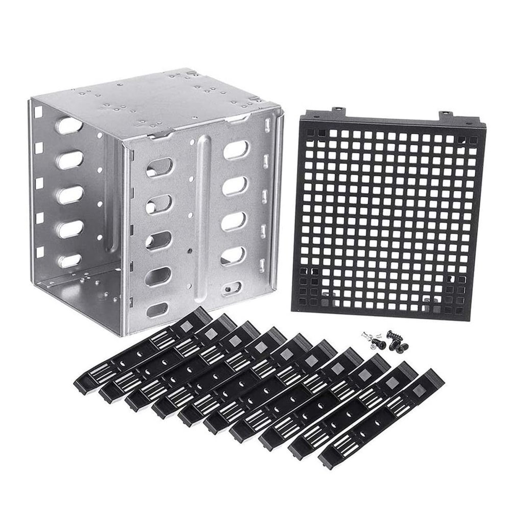 Beuiouer 5.25 Inch to 5 x 3.5 Inch SATA HDD Cage Rack Hard Drive Disk Enclosure Disk Tray Adapter, Silver & black, 500300636