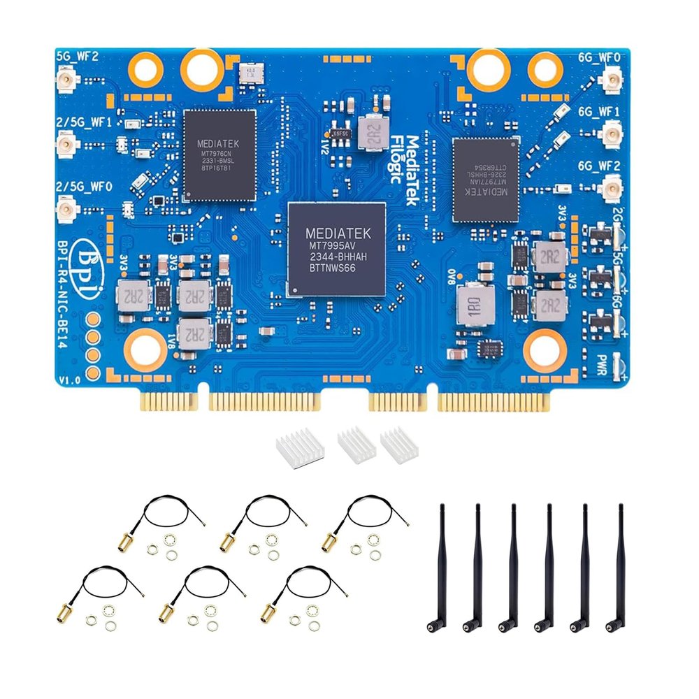 Banana Pi BPI-R4 NIC BE14 WiFi 7 Module for BPI-R4 Wireless Tri-Band WiFi Router Board OpenWRT, MediaTek MT7995AV CPU 32 bits RISC-V MCU, with 6X 2G/5G/6GHz WiFi Antenna (WiFi7 NIC Module)