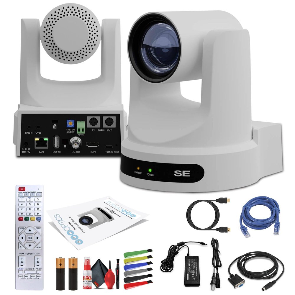 PTZOptics Move SE SDI/HDMI/USB/IP PTZ Camera with 20x Optical Zoom (White) (PT20X-SE-WH-G3) + Lens Cleaning Kit + HDMI Cable + Ethernet Cable + Color Wire Ties