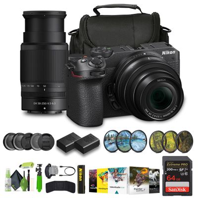 Nikon Z30 Mirrorless Camera with 16-50mm and 50-250mm Lenses + ENEL25 Replacement Battery + Extreme PRO 64GB Card + UV Lens Filter + 12 Inch Flex Tripod + Photo Editing Software + More (Renewed)