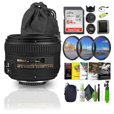 Nikon AF-S NIKKOR 50mm f/1.4G Auto Focus Lens + Memory Card Wallet + Ultra 64GB Memory Card + Card Reader + 3 Piece Filter Kit + 12 Inch Flex Tripod + Photo Editing Software + More (Renewed)