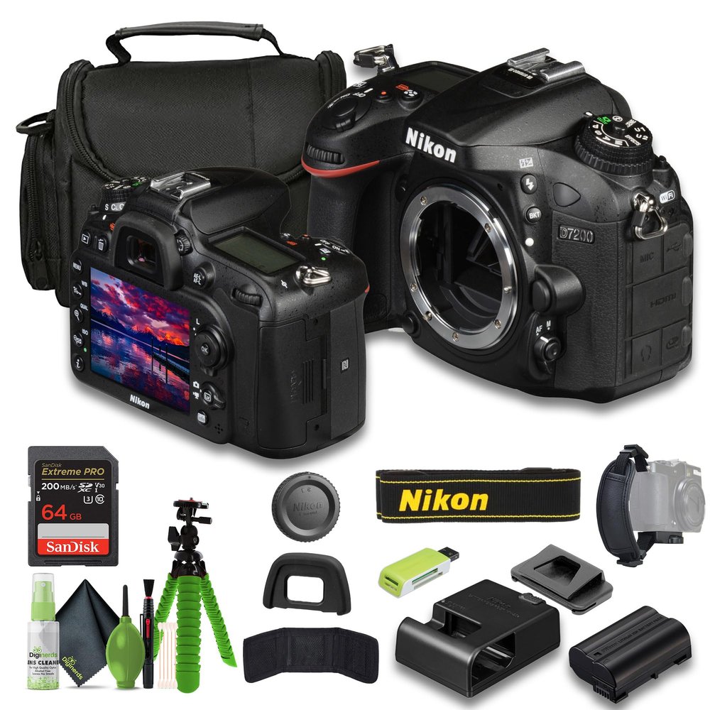 Nikon D7200 24.2 MP DX-Format Digital SLR Camera + Soft Case + Cleaning Kit + Memory Card Wallet + Extreme PRO 64GB Card + Card Reader + Hand Strap + 12 Inch Flex Tripod