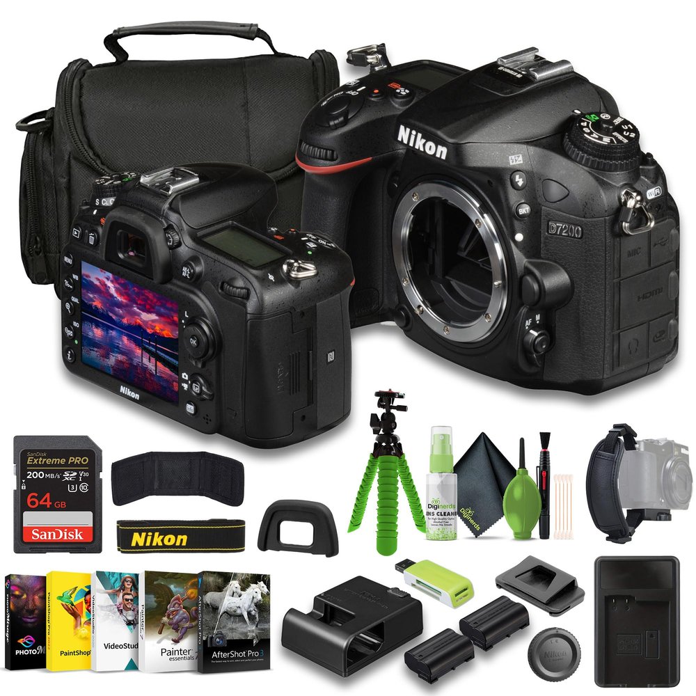 Nikon D7200 24.2 MP DX-Format Digital SLR Camera + EN-EL15C Battery + Charger + Extreme PRO 64GB Card + Card Reader + Hand Strap + 12 Inch Flex Tripod + Photo Editing Software + More (Renewed)
