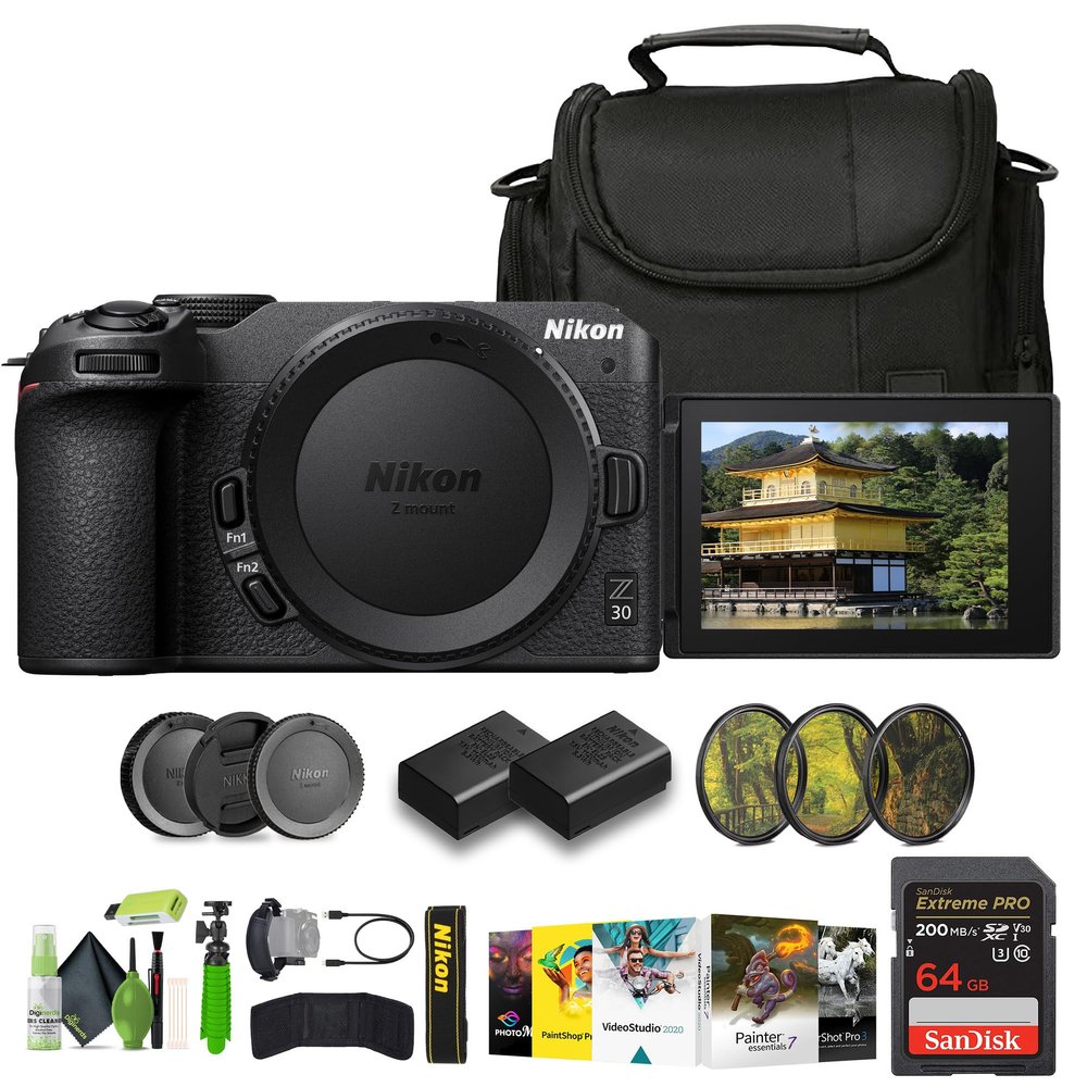 Nikon Z30 Lightweight Mirrorless Camera + ENEL25 Replacement Battery + Soft Case + Memory Card Wallet + Extreme PRO 64GB Card + 12 Inch Flex Tripod + Photo Editing Software + More (Renewed)