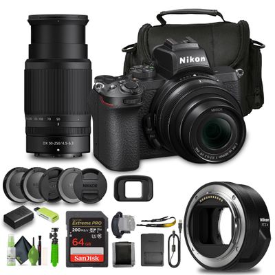 Nikon Z50 Compact Lightweight Mirrorless Camera with 16-50mm and 50-250mm Lenses + Soft Case + Extreme PRO 64GB Card FTZ II Mount Adapter + More (Renewed)
