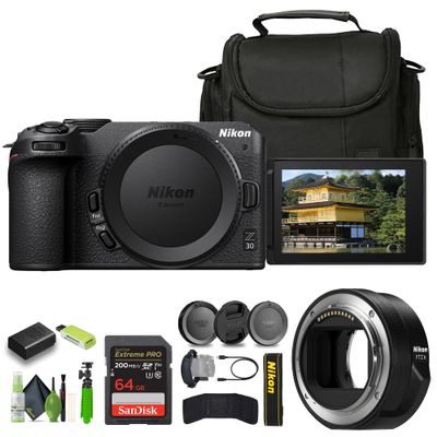 Nikon Z30 Lightweight Mirrorless Camera + Soft Case + Cleaning Kit + Memory Card Wallet + Extreme PRO 64GB Card + Card Reader + Hand Strap + 12 Inch Flex Tripod + Nikon FTZ II Mount Adapter (Renewed)