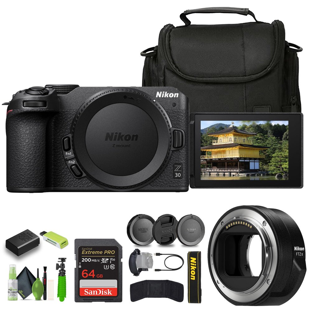 Nikon Z30 Lightweight Mirrorless Camera + Soft Case + Cleaning Kit + Memory Card Wallet + Extreme PRO 64GB Card + Card Reader + Hand Strap + 12 Inch Flex Tripod + Nikon FTZ II Mount Adapter (Renewed)
