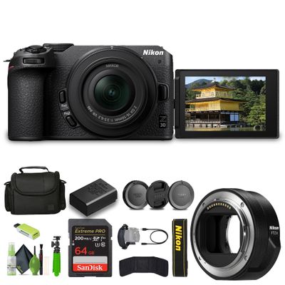 Nikon Z30 Lightweight Mirrorless Camera with 16-50mm Zoom Lens + Memory Card Wallet + Extreme PRO 64GB Card + 12 Inch Flex Tripod FTZ II Mount Adapter + More (Renewed)
