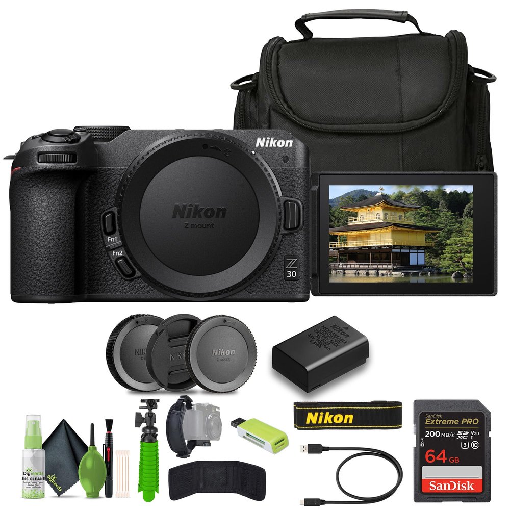 Nikon Z30 Lightweight Mirrorless Camera + Soft Case + Cleaning Kit + Memory Card Wallet + Extreme PRO 64GB Card + Card Reader + Hand Strap + 12 Inch Flex Tripod (Renewed)