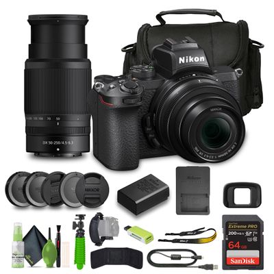 Nikon Z50 Compact Lightweight Mirrorless Camera with 16-50mm and 50-250mm Lenses + Soft Case + Cleaning Kit + Card Wallet + Extreme PRO 64GB Card + Card Reader + Hand Strap + Flex Tripod (Renewed)