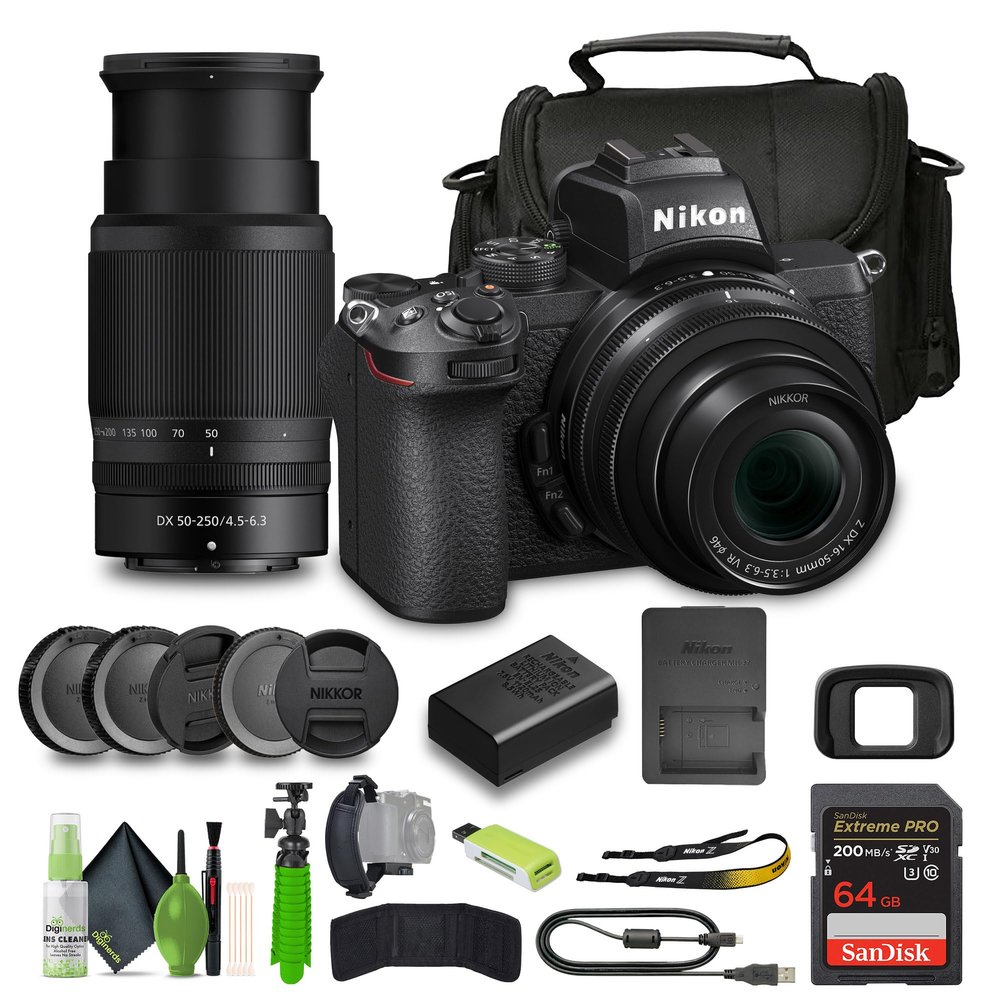 Nikon Z50 Compact Lightweight Mirrorless Camera with 16-50mm and 50-250mm Lenses + Soft Case + Cleaning Kit + Card Wallet + Extreme PRO 64GB Card + Card Reader + Hand Strap + Flex Tripod (Renewed)