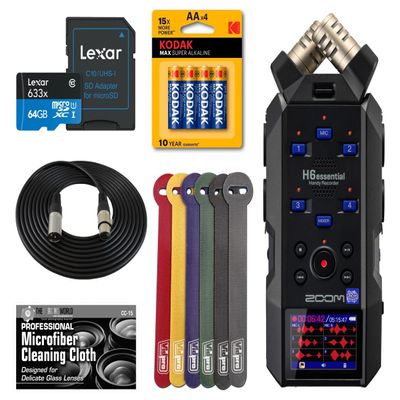 Zoom H6essential (2024 Model, Essential Series) with 32-Bit Float, 6-Track Recorder, Stereo Microphones, 4 XLR/TRS Inputs, for Musicians, Podcasters, & Filmmakers with 64GB Card, Batteries + Bundle