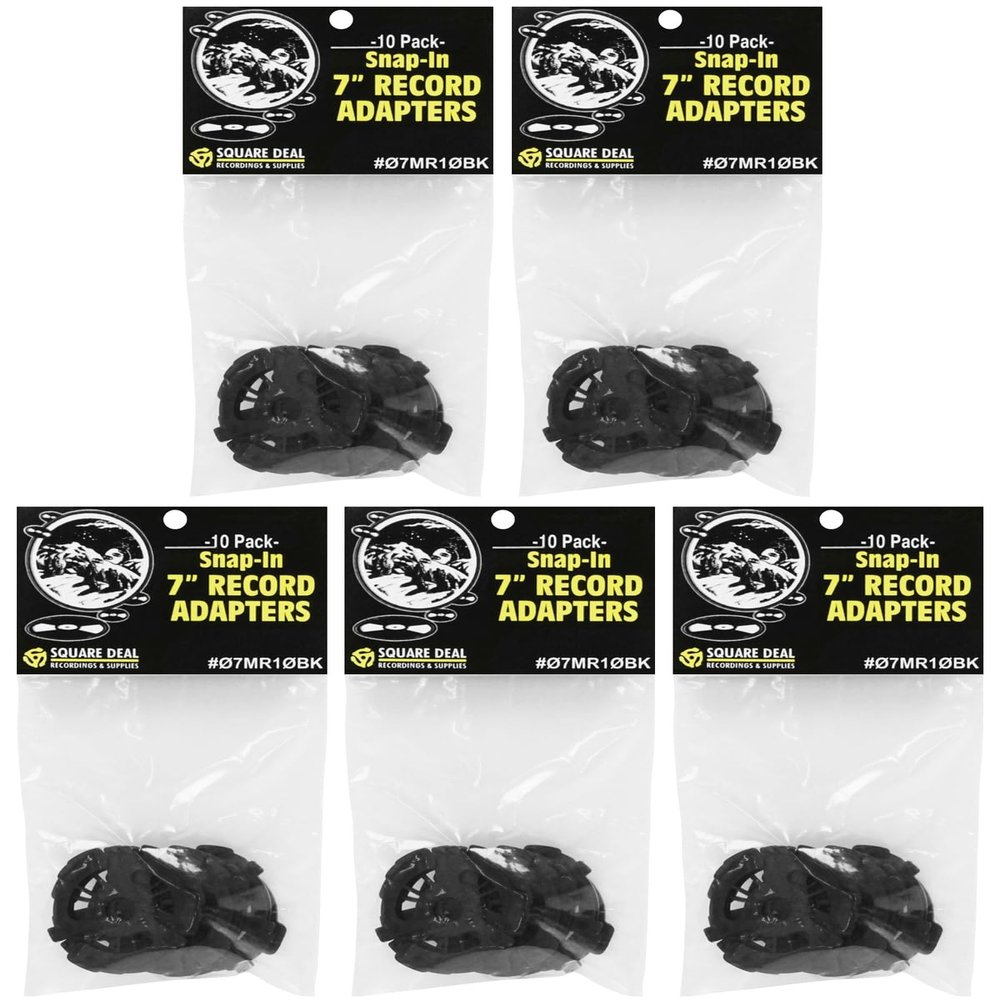 (50) Flat Black Plastic Record Adapters - Snap in Inserts to Make 7" 45rpm Records Fit on Standard Record Players - 5 packs of 10#07MR10BK