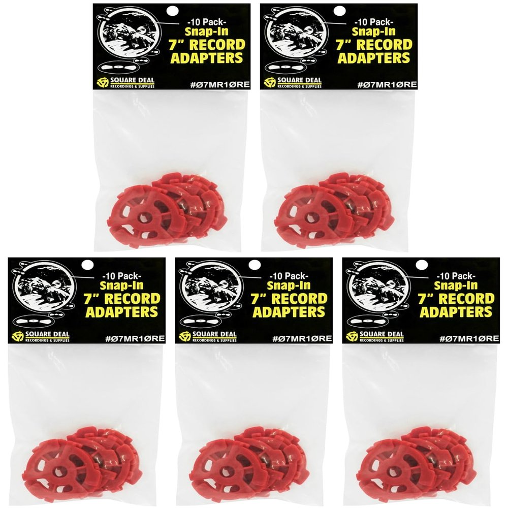 (50) Flat Red Plastic Record Adapters - Snap in Inserts to Make 7" 45rpm Records Fit on Standard Record Players - 5 packs of 10#07MR10RE