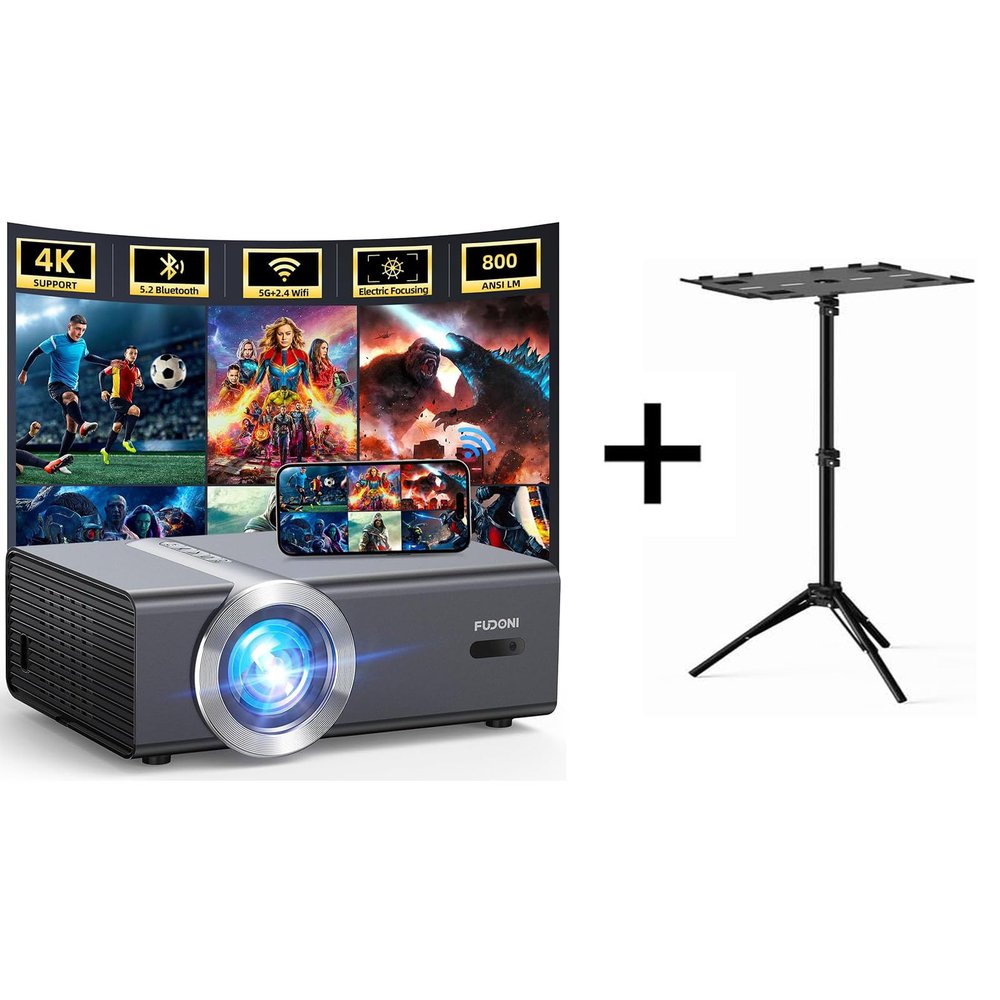 FUDONI [Electric Focus/Auto Keystone] Projector and Projector Stand Tripod from 14.5'' to 39.4''