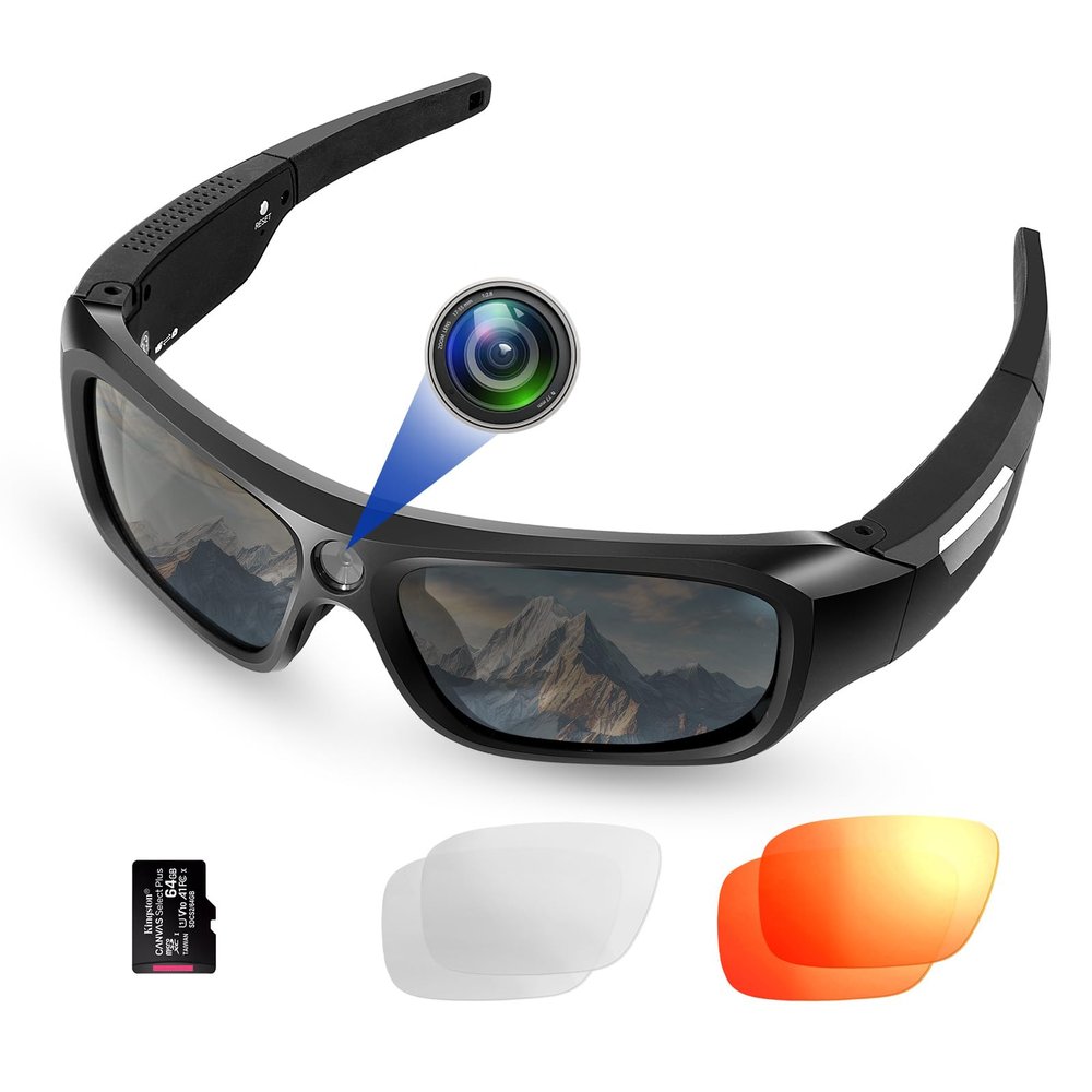 FlyGift 4K 2160P FHD Sports & Action Video Camera, Camera Sunglasses with UV400 Protection Polarized Lenses+Clear/Dazzle Yellow Lens for for Outdoor Sports(64GB TF Card Included)
