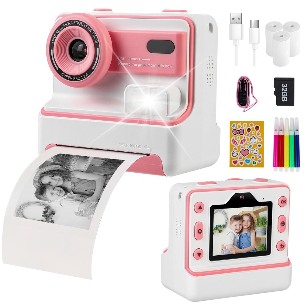 HOMELYLIFE Kids Instant Print Camera Toy for Girls Boys, Kids Camera for 3-14 Year Old, 1080P HD Kids Digital Camera with 3 Photo Paper Birthday Gifts for 3 4 5 6 7 8 9+ Year Old 32GB SD Card, Pink