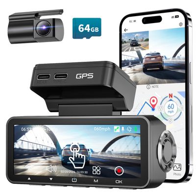 Dash Cam Front Rear, IMX415 Sensor 4K 30fps/2K 60fps+1080p, Touch Screen Dash Camera for Car, Voice Control, Built-in GPS WiFi, HDR Night Vision, 64GB Card, 160 Wide Angle, 24H Parking Monitoring