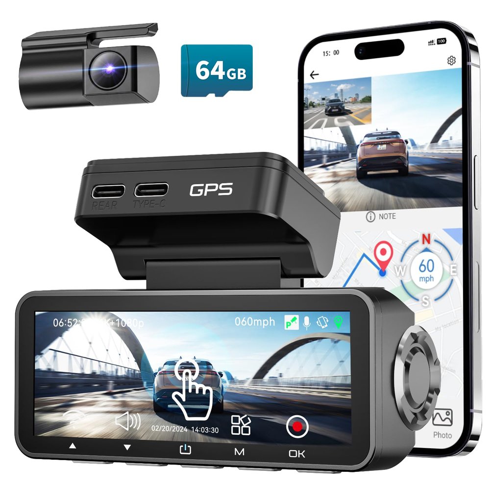 Dash Cam Front Rear, IMX415 Sensor 4K 30fps/2K 60fps+1080p, Touch Screen Dash Camera for Car, Voice Control, Built-in GPS WiFi, HDR Night Vision, 64GB Card, 160 Wide Angle, 24H Parking Monitoring