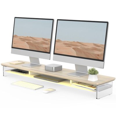 Fenge Acrylic Monitor Stand, 42.5 Inch Clear Dual Monitor Riser with Metal Storage, 2 Tier Computer Riser with LED Lights for Desk, Laptop, Printer, TV