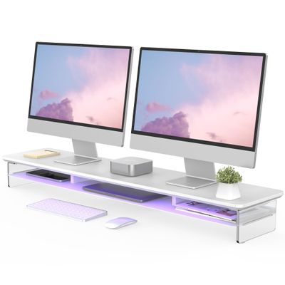 Fenge Acrylic Monitor Stand, 42.5 Inch Clear Dual Monitor Riser with Metal Storage, 2 Tier Computer Riser with LED Lights for Desk, Laptop, Printer, TV