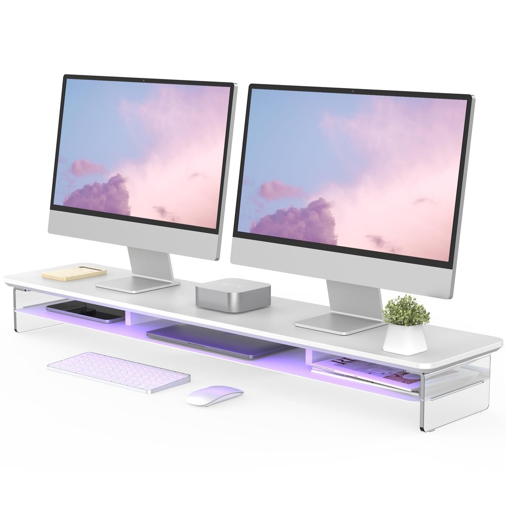 Fenge Acrylic Monitor Stand, 42.5 Inch Clear Dual Monitor Riser with Metal Storage, 2 Tier Computer Riser with LED Lights for Desk, Laptop, Printer, TV