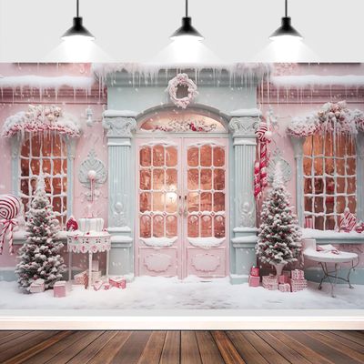 20x10ft Christmas Backdrop Merry Christmas Snow Scene Pink Wood Door Christmas Tree Photography Background Xmas Party Decorations Kids Girls Outdoor Portraits Photo Studio Props
