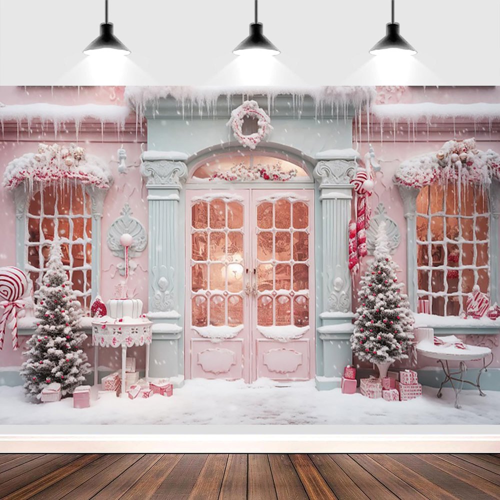 20x10ft Christmas Backdrop Merry Christmas Snow Scene Pink Wood Door Christmas Tree Photography Background Xmas Party Decorations Kids Girls Outdoor Portraits Photo Studio Props