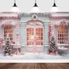 20x10ft Christmas Backdrop Merry Christmas Snow Scene Pink Wood Door Christmas Tree Photography Background Xmas Party Decorations Kids Girls Outdoor Portraits Photo Studio Props view 1