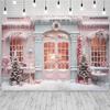 20x10ft Christmas Backdrop Merry Christmas Snow Scene Pink Wood Door Christmas Tree Photography Background Xmas Party Decorations Kids Girls Outdoor Portraits Photo Studio Props view 3