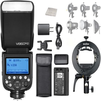 Godox V860III-C Camera Flash Speedlite & Godox S2 Speedlite Bracket S-Type Bracket Bowens Mount Flash Holder, TTL HSS 2.4G 1/8000s GN60 5300K Modeling Light Compatible for Canon DSLR Cameras
