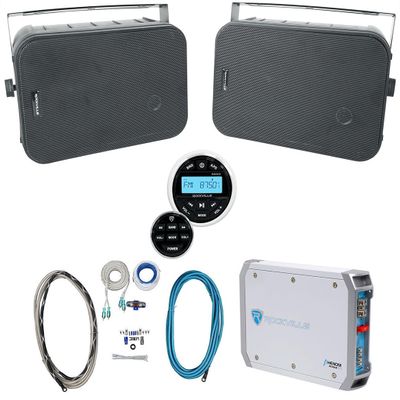 Rockville RGHR2 Bundle: Marine Boat Receiver w/Bluetooth, (2) HP65S Black 6.5 in 500W Peak/160W RMS Home Theater Speakers, RXM-T1 Amplifier, RMWK4 4 AWG Amp Installation Kit, 5-Items