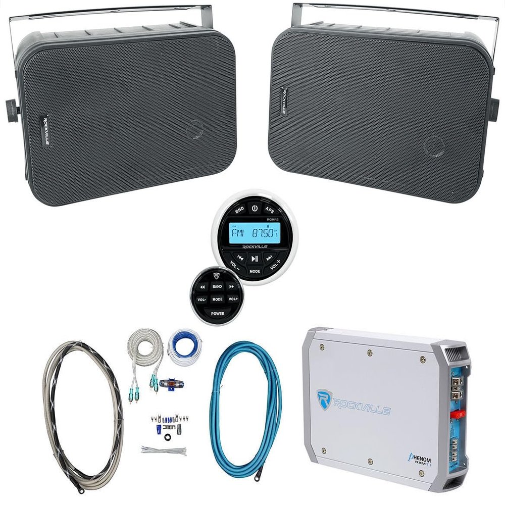 Rockville RGHR2 Bundle: Marine Boat Receiver w/Bluetooth, (2) HP65S Black 6.5 in 500W Peak/160W RMS Home Theater Speakers, RXM-T1 Amplifier, RMWK4 4 AWG Amp Installation Kit, 5-Items