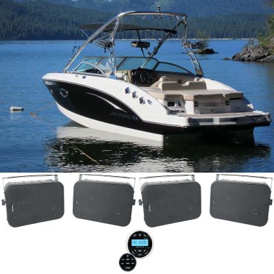 Rockville HP65S Black Bundle: (4) 6.5 in 500W Peak/160W RMS Indoor Outdoor Swivel Home Theater Speakers, RGHR2 Marine Gauge Hole Boat Receiver with Bluetooth USB Radio Wired Remote, 5-Items
