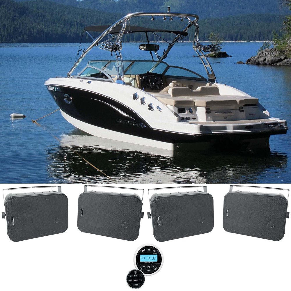 Rockville HP65S Black Bundle: (4) 6.5 in 500W Peak/160W RMS Indoor Outdoor Swivel Home Theater Speakers, RGHR2 Marine Gauge Hole Boat Receiver with Bluetooth USB Radio Wired Remote, 5-Items