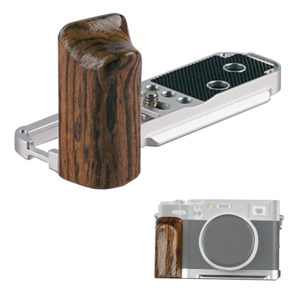 WEPOTO X100VI/X100V Handgrip L-Shape Grip with Quick Release Plate for Arca, Wood Side Handle, for Fujifilm X100VI/X100V Camera - Golden Sandalwood & (Silver Aluminum)